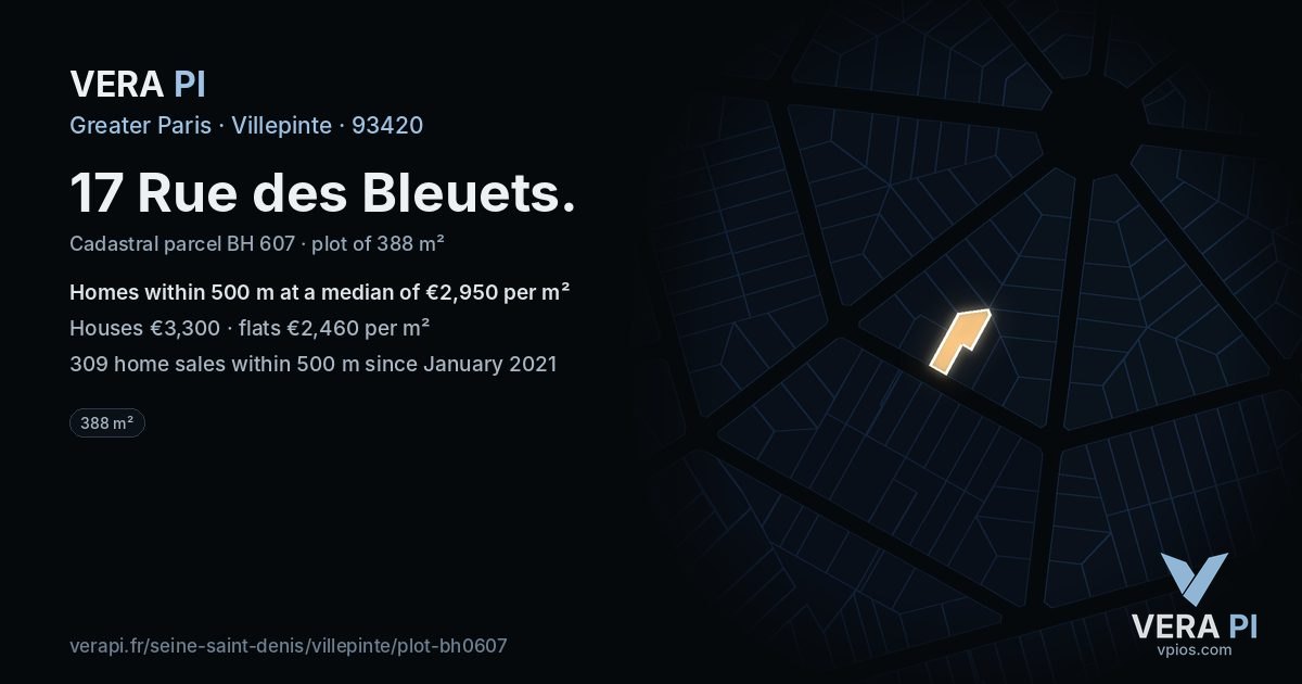 17 Rue des Bleuets, Villepinte at night – the plot lit, the parcels around coloured by the prices near them