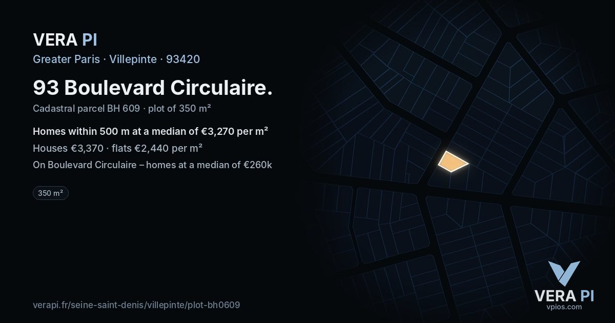 93 Boulevard Circulaire, Villepinte at night – the plot lit, the parcels around coloured by the prices near them
