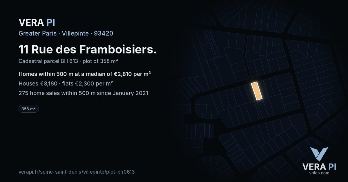 11 Rue des Framboisiers, Villepinte at night – the plot lit, the parcels around coloured by the prices near them