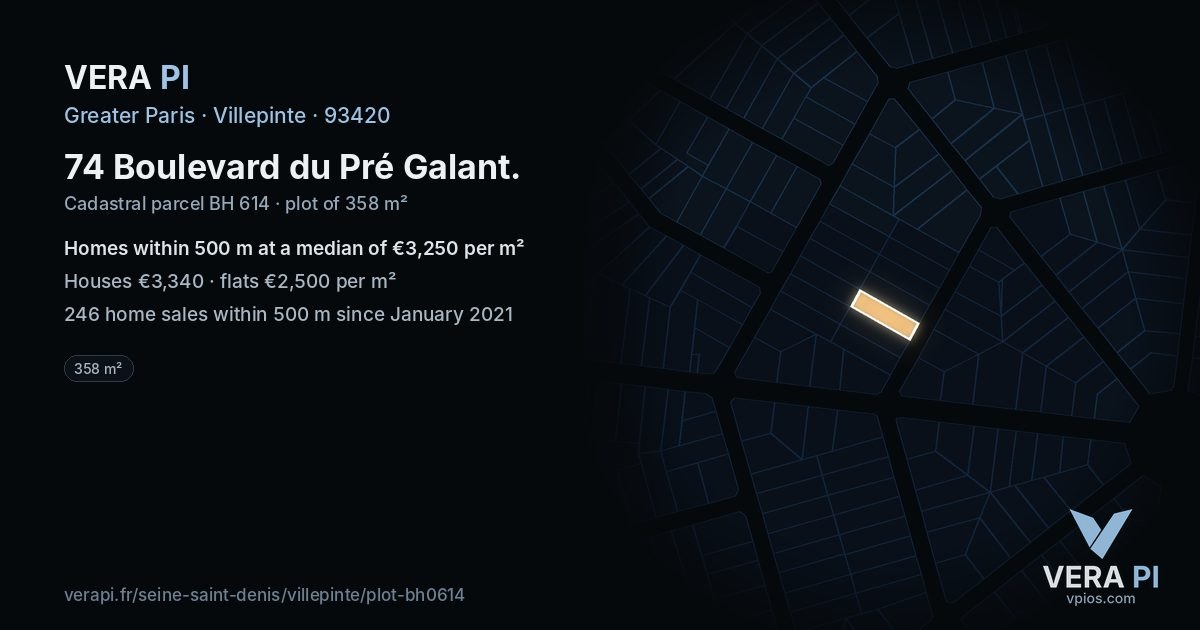 74 Boulevard du Pré Galant, Villepinte at night – the plot lit, the parcels around coloured by the prices near them