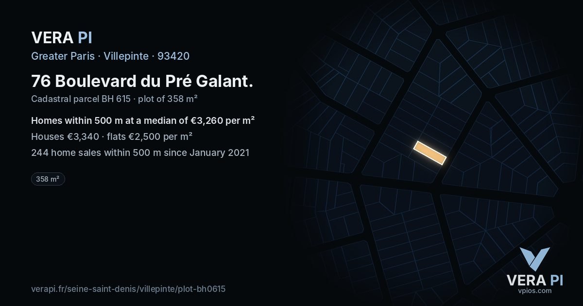 76 Boulevard du Pré Galant, Villepinte at night – the plot lit, the parcels around coloured by the prices near them