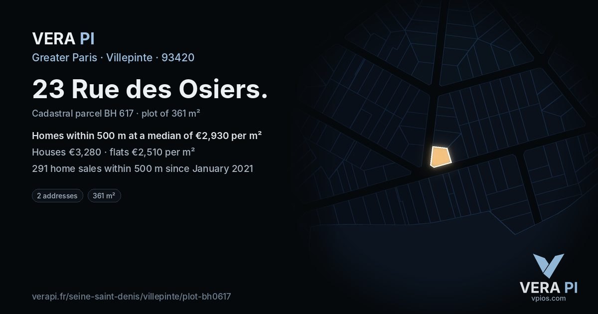 23 Rue des Osiers, Villepinte at night – the plot lit, the parcels around coloured by the prices near them