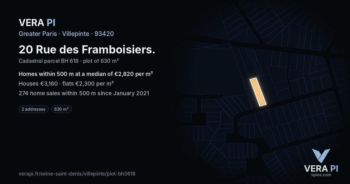 20 Rue des Framboisiers, Villepinte at night – the plot lit, the parcels around coloured by the prices near them