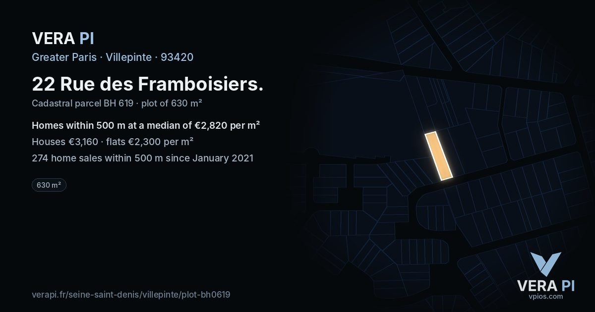 22 Rue des Framboisiers, Villepinte at night – the plot lit, the parcels around coloured by the prices near them