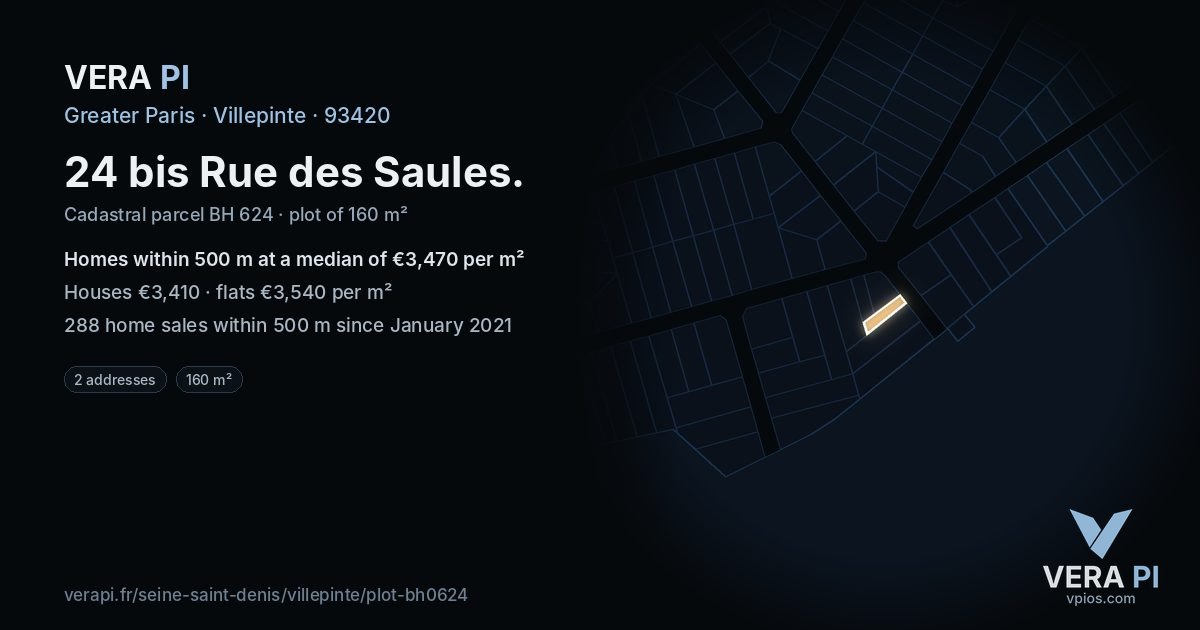 24 bis Rue des Saules, Villepinte at night – the plot lit, the parcels around coloured by the prices near them