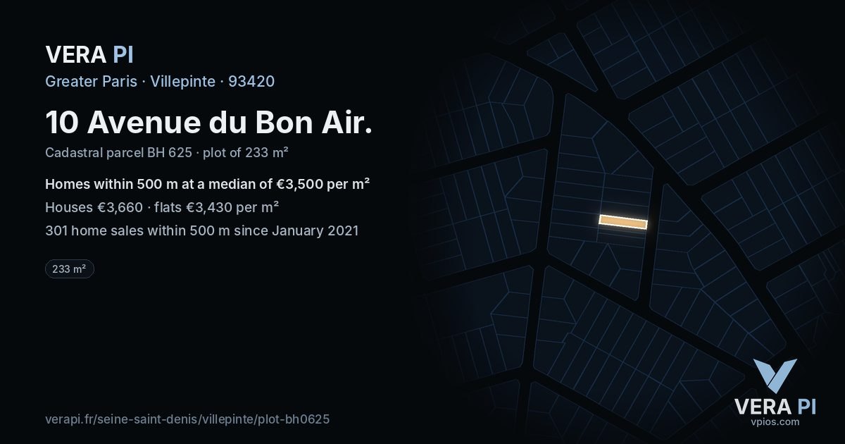 10 Avenue du Bon Air, Villepinte at night – the plot lit, the parcels around coloured by the prices near them