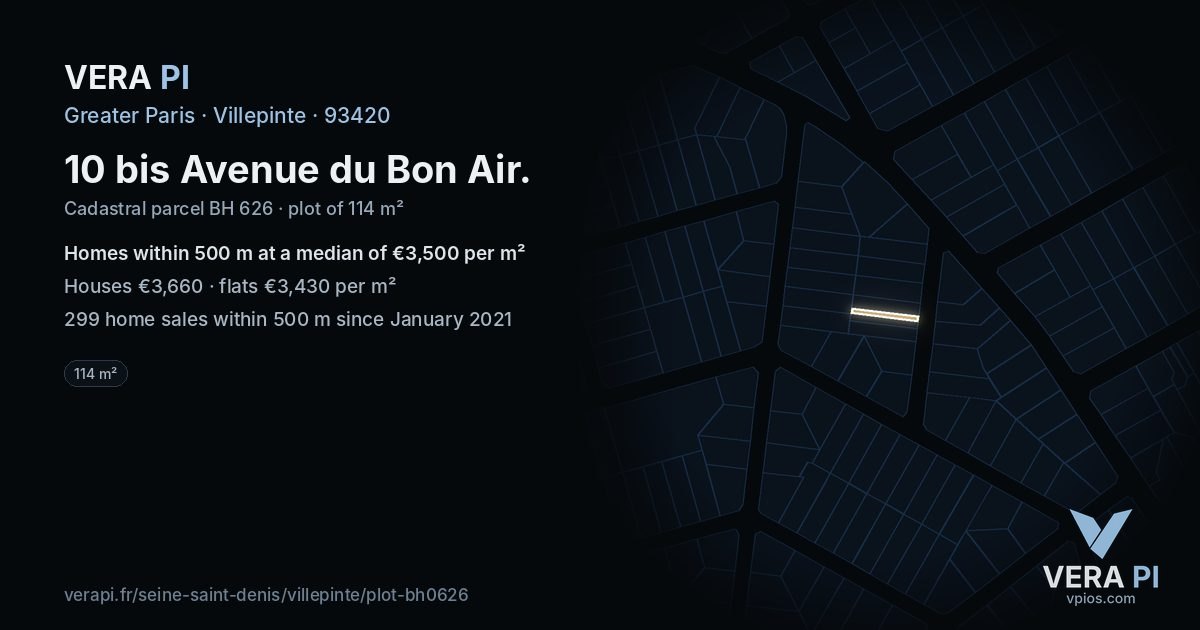 10 bis Avenue du Bon Air, Villepinte at night – the plot lit, the parcels around coloured by the prices near them
