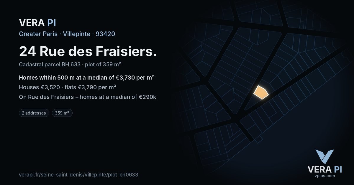 24 Rue des Fraisiers, Villepinte at night – the plot lit, the parcels around coloured by the prices near them