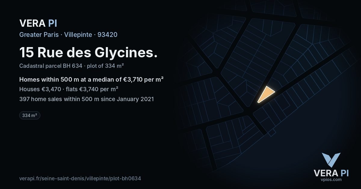 15 Rue des Glycines, Villepinte at night – the plot lit, the parcels around coloured by the prices near them