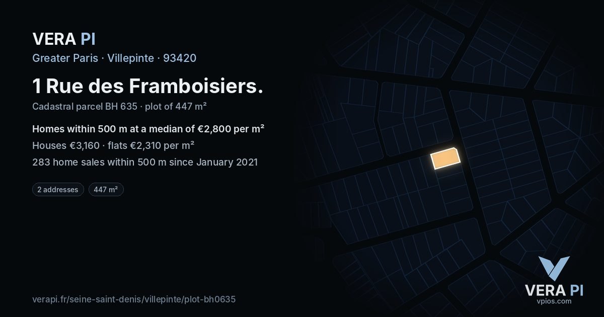 1 Rue des Framboisiers, Villepinte at night – the plot lit, the parcels around coloured by the prices near them
