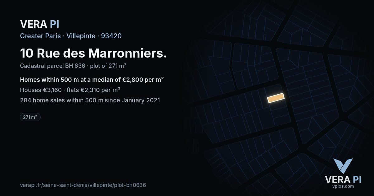 10 Rue des Marronniers, Villepinte at night – the plot lit, the parcels around coloured by the prices near them