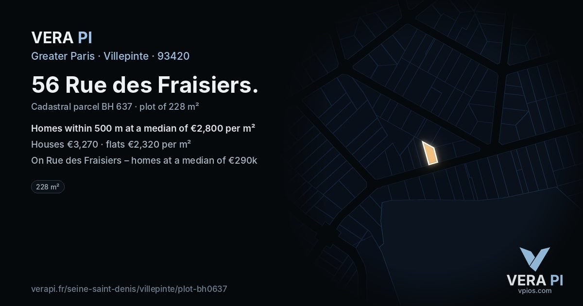 56 Rue des Fraisiers, Villepinte at night – the plot lit, the parcels around coloured by the prices near them