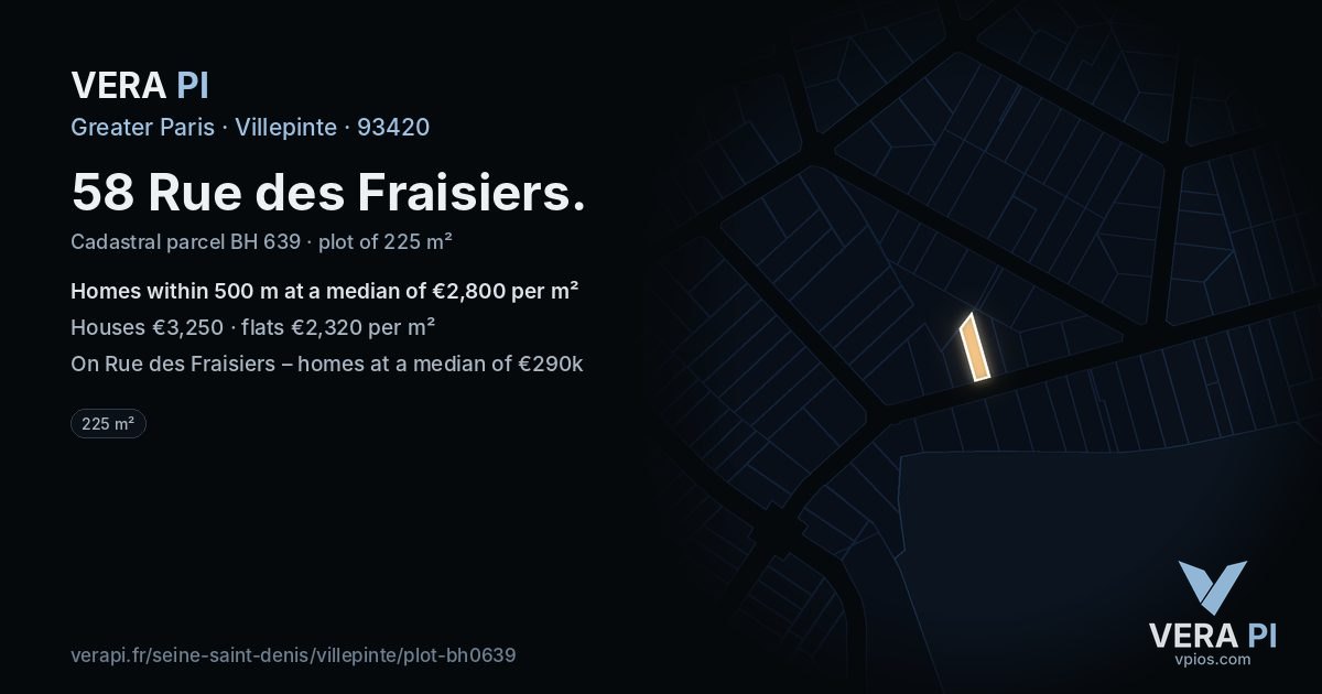 58 Rue des Fraisiers, Villepinte at night – the plot lit, the parcels around coloured by the prices near them
