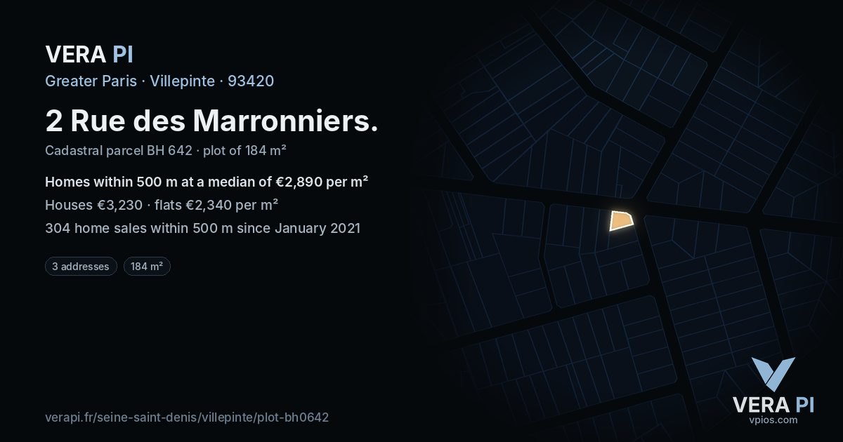 2 Rue des Marronniers, Villepinte at night – the plot lit, the parcels around coloured by the prices near them