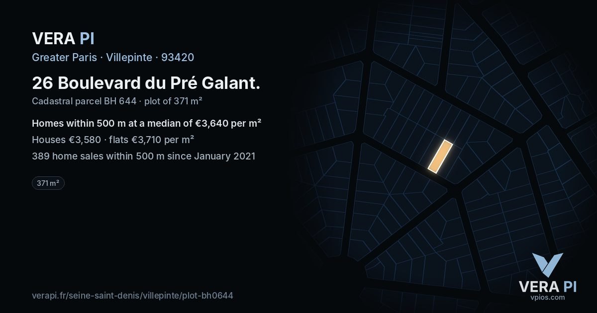 26 Boulevard du Pré Galant, Villepinte at night – the plot lit, the parcels around coloured by the prices near them