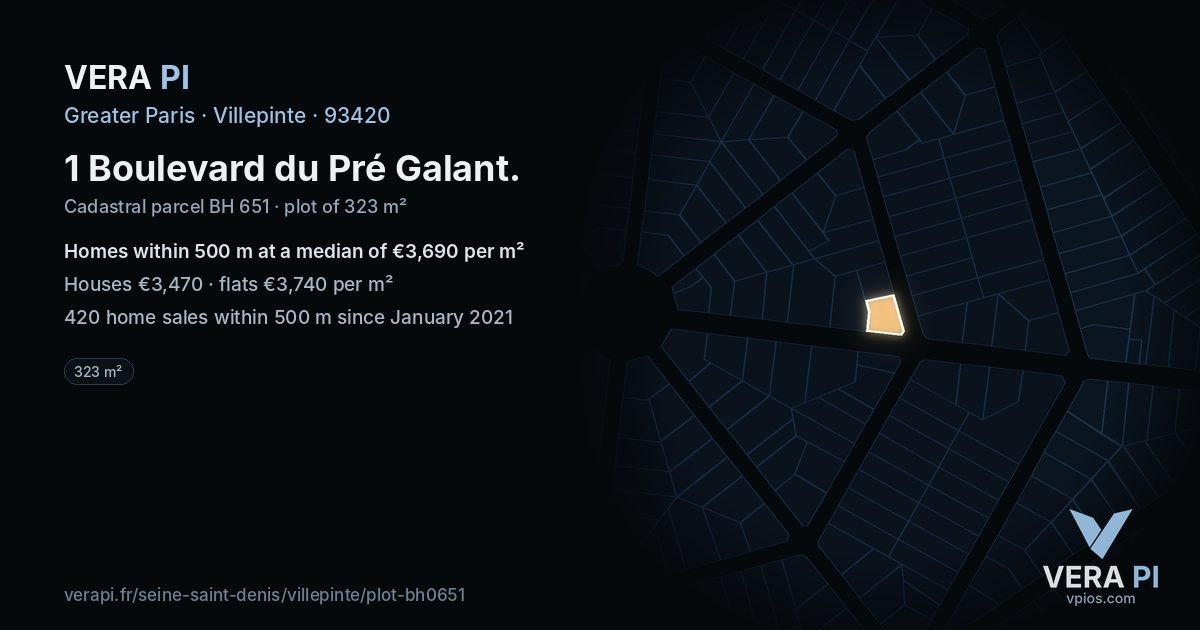 1 Boulevard du Pré Galant, Villepinte at night – the plot lit, the parcels around coloured by the prices near them
