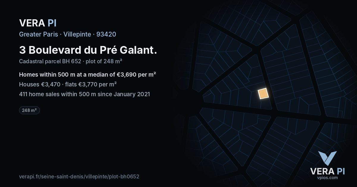 3 Boulevard du Pré Galant, Villepinte at night – the plot lit, the parcels around coloured by the prices near them