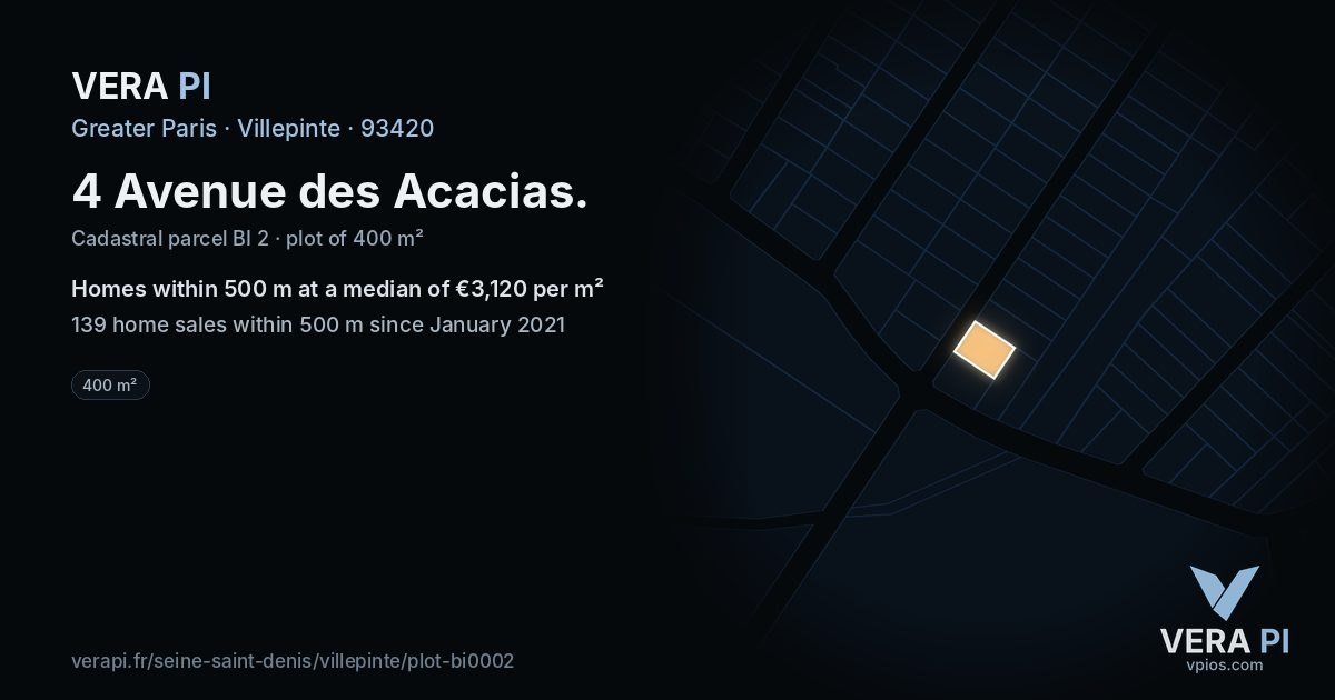 4 Avenue des Acacias, Villepinte at night – the plot lit, the parcels around coloured by the prices near them