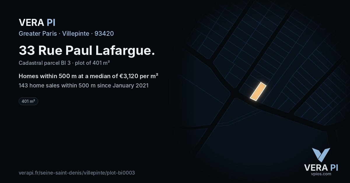 33 Rue Paul Lafargue, Villepinte at night – the plot lit, the parcels around coloured by the prices near them