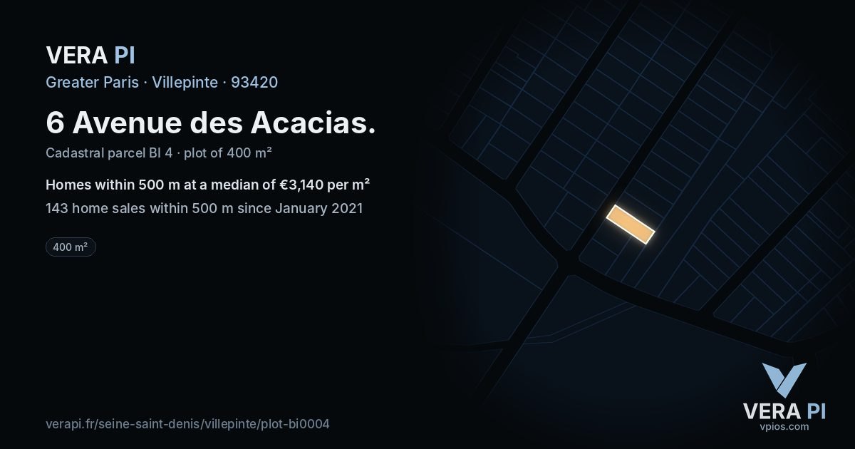 6 Avenue des Acacias, Villepinte at night – the plot lit, the parcels around coloured by the prices near them