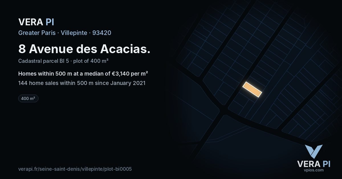 8 Avenue des Acacias, Villepinte at night – the plot lit, the parcels around coloured by the prices near them