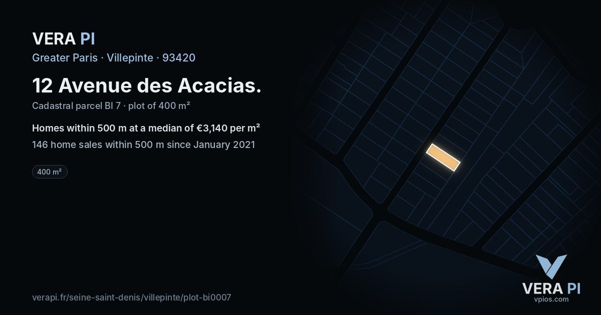 12 Avenue des Acacias, Villepinte at night – the plot lit, the parcels around coloured by the prices near them