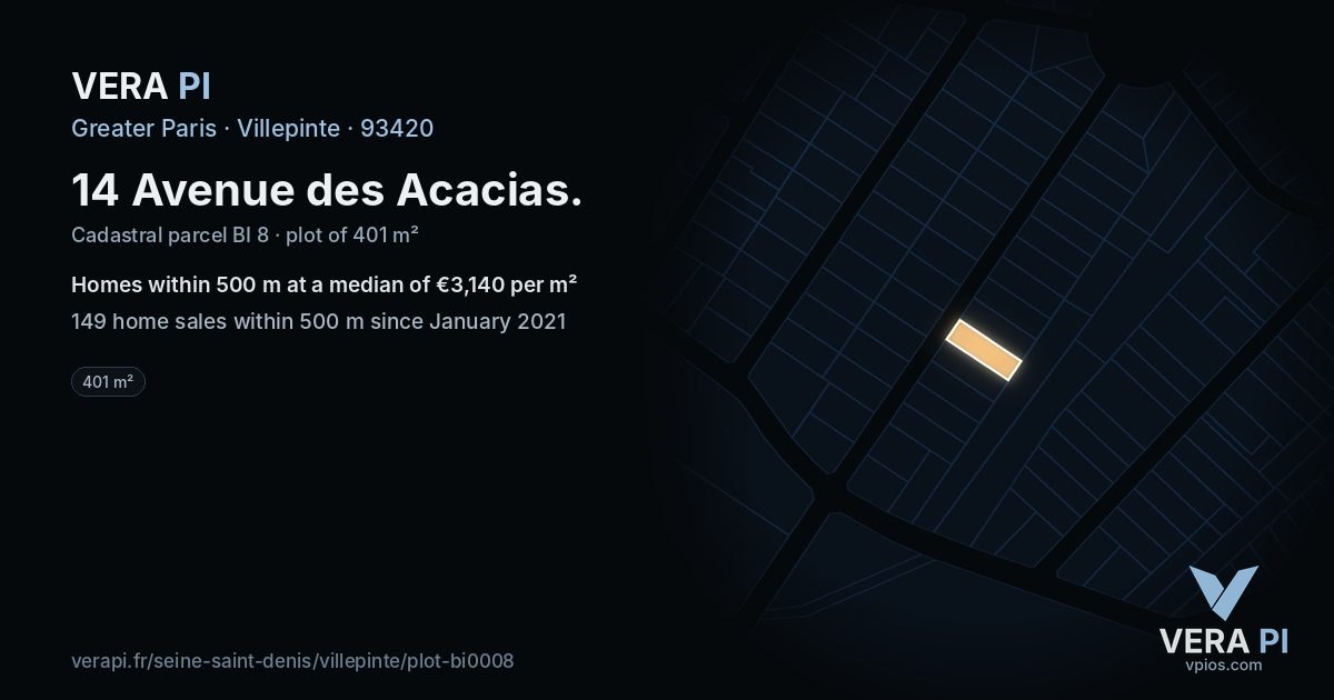 14 Avenue des Acacias, Villepinte at night – the plot lit, the parcels around coloured by the prices near them
