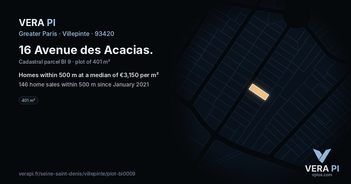 16 Avenue des Acacias, Villepinte at night – the plot lit, the parcels around coloured by the prices near them