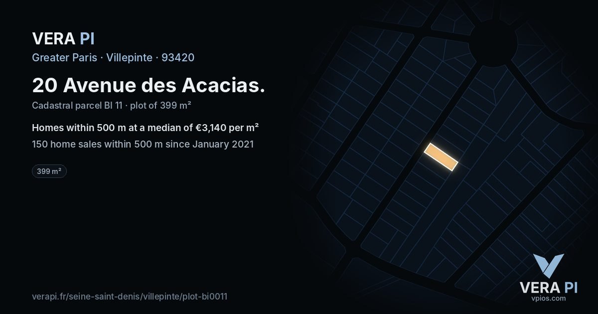 20 Avenue des Acacias, Villepinte at night – the plot lit, the parcels around coloured by the prices near them