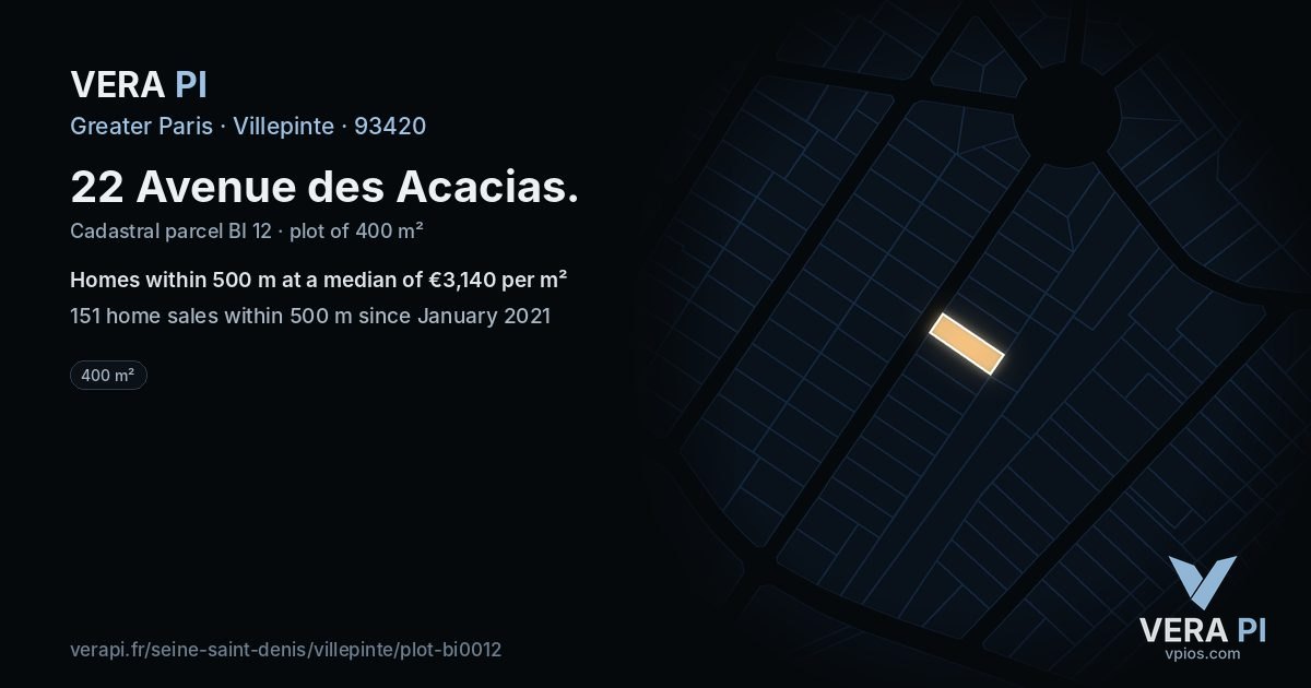 22 Avenue des Acacias, Villepinte at night – the plot lit, the parcels around coloured by the prices near them
