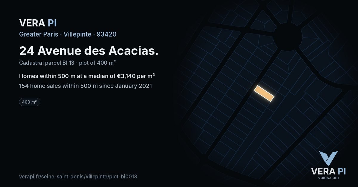 24 Avenue des Acacias, Villepinte at night – the plot lit, the parcels around coloured by the prices near them
