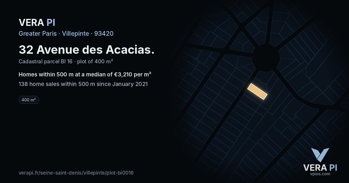 32 Avenue des Acacias, Villepinte at night – the plot lit, the parcels around coloured by the prices near them