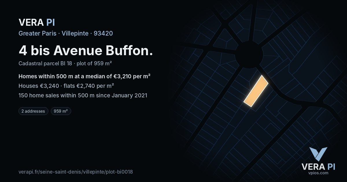 4 bis Avenue Buffon, Villepinte at night – the plot lit, the parcels around coloured by the prices near them
