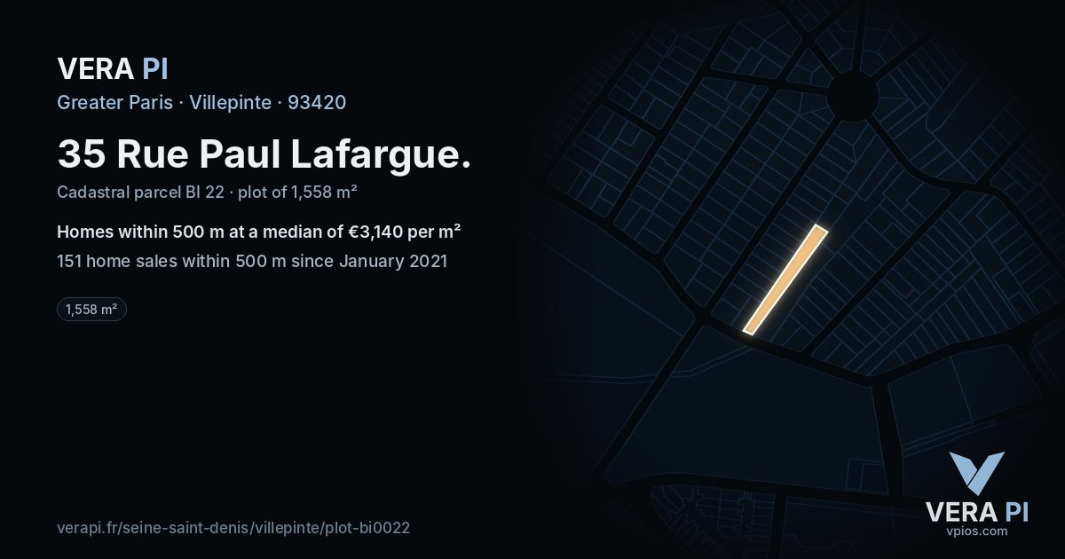 35 Rue Paul Lafargue, Villepinte at night – the plot lit, the parcels around coloured by the prices near them