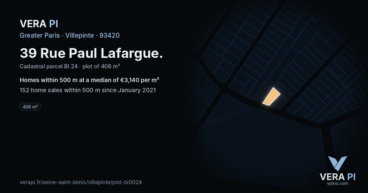 39 Rue Paul Lafargue, Villepinte at night – the plot lit, the parcels around coloured by the prices near them