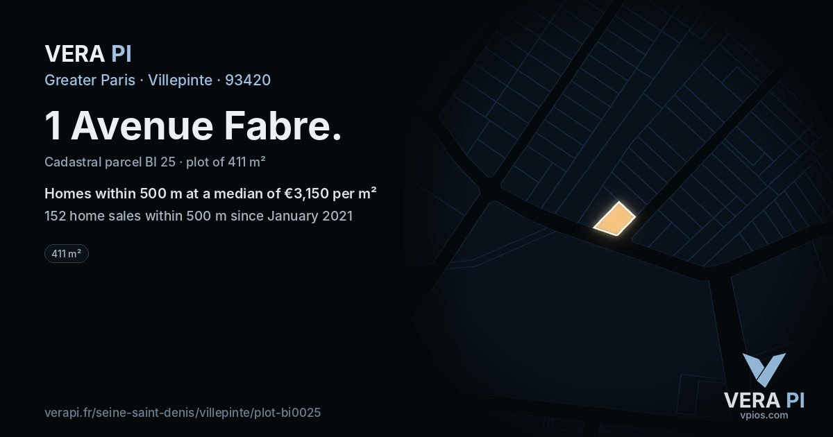 1 Avenue Fabre, Villepinte at night – the plot lit, the parcels around coloured by the prices near them