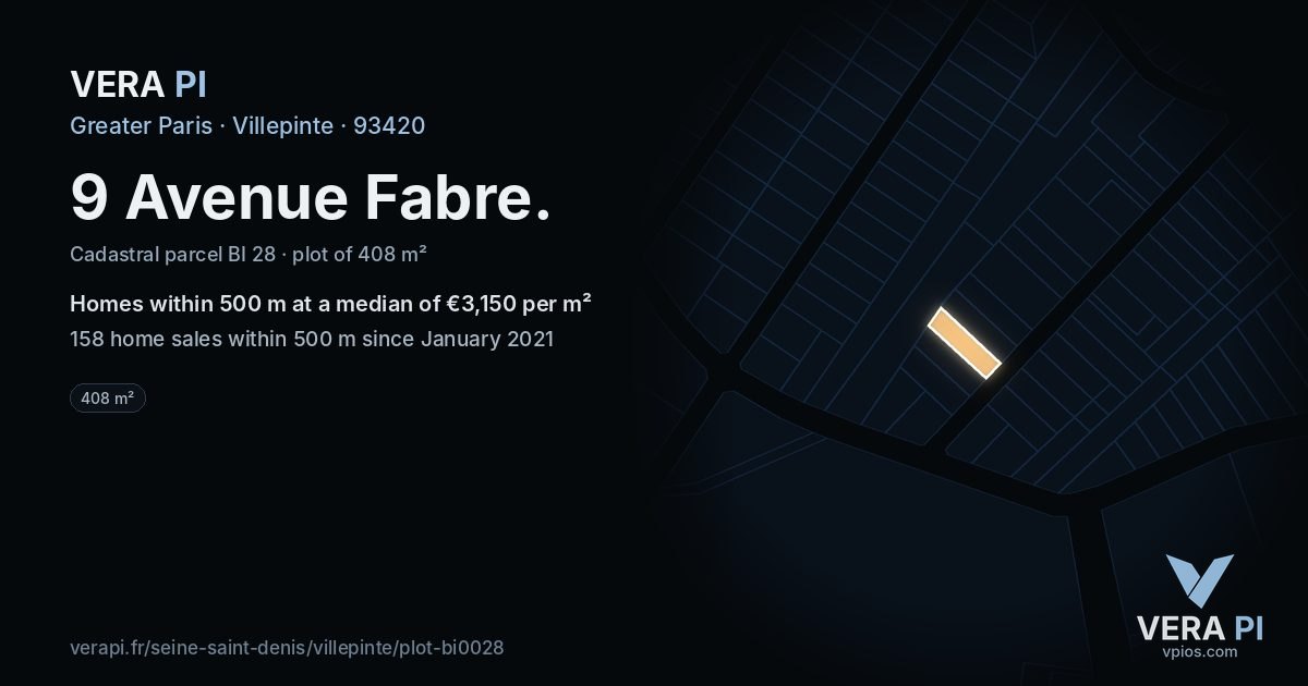 9 Avenue Fabre, Villepinte at night – the plot lit, the parcels around coloured by the prices near them