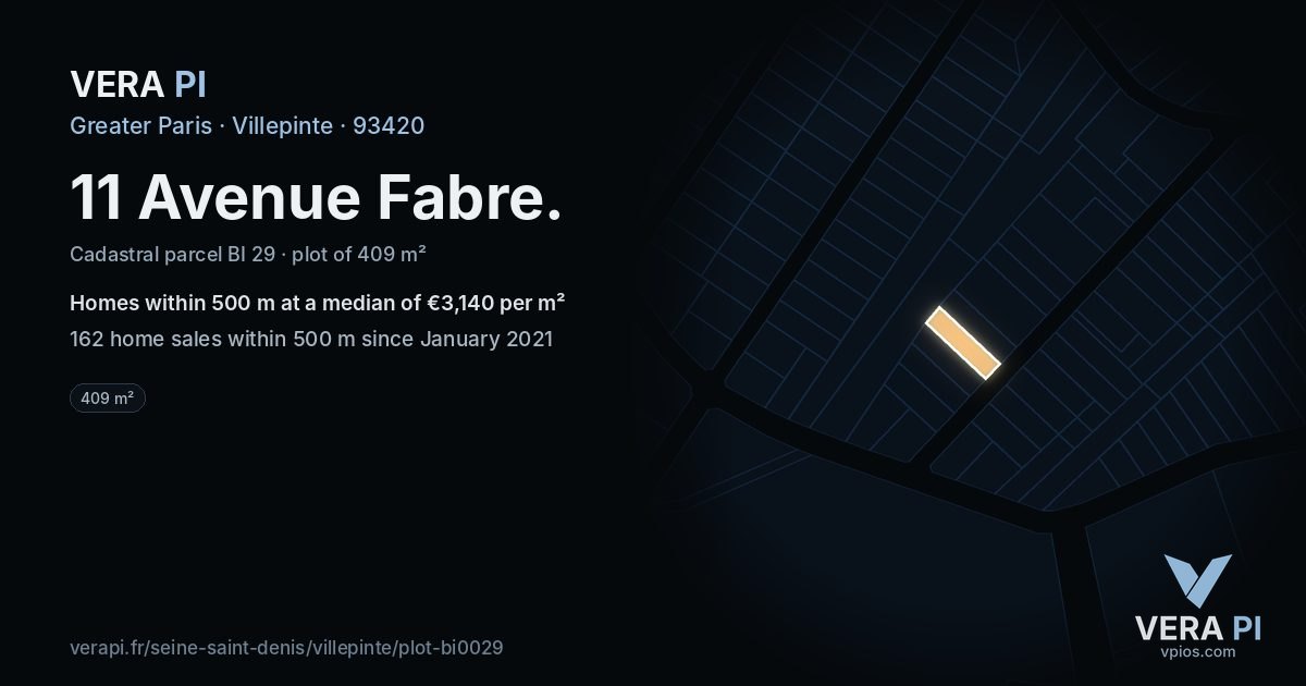 11 Avenue Fabre, Villepinte at night – the plot lit, the parcels around coloured by the prices near them