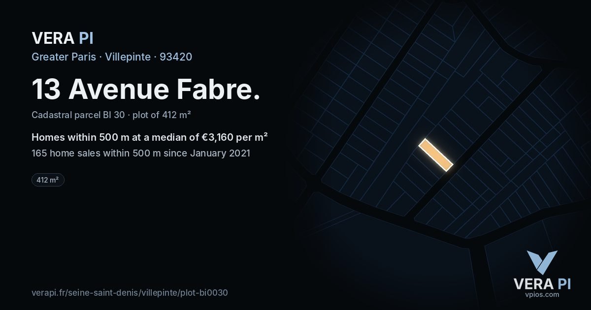 13 Avenue Fabre, Villepinte at night – the plot lit, the parcels around coloured by the prices near them