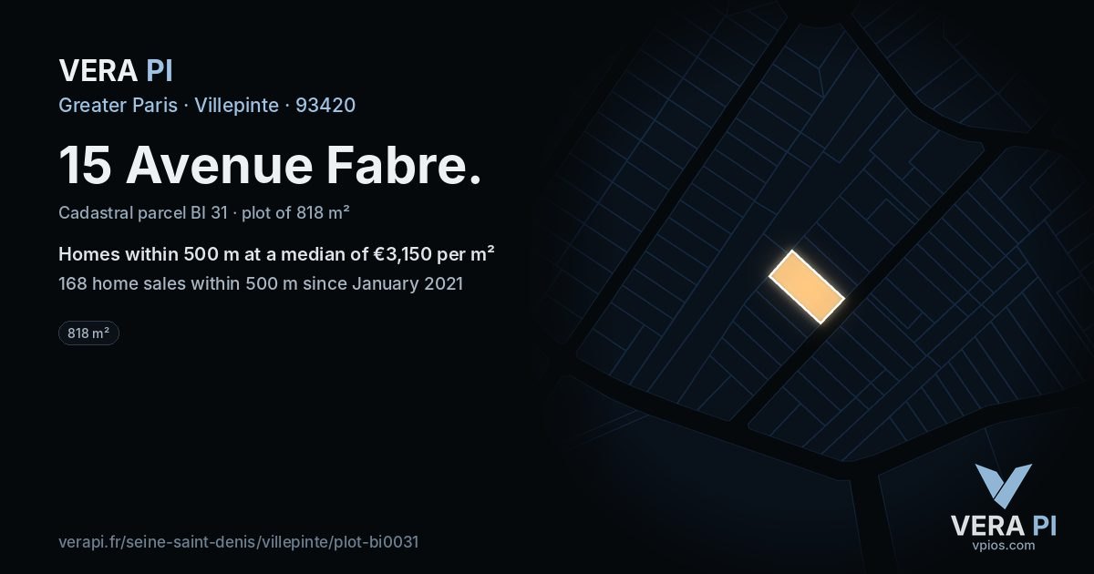 15 Avenue Fabre, Villepinte at night – the plot lit, the parcels around coloured by the prices near them