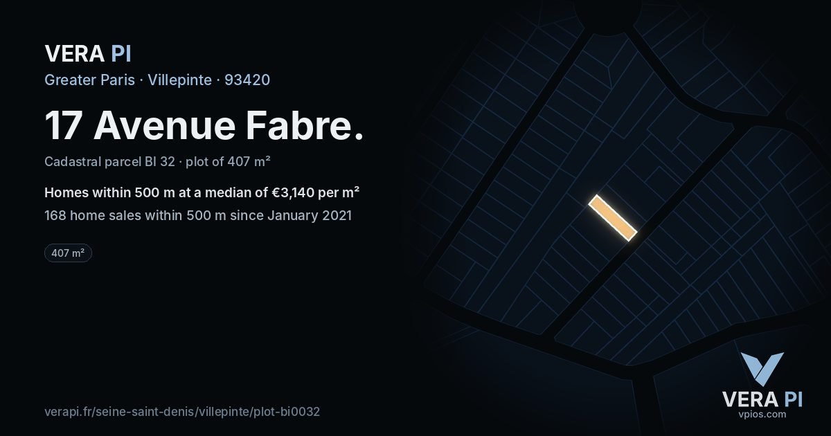 17 Avenue Fabre, Villepinte at night – the plot lit, the parcels around coloured by the prices near them