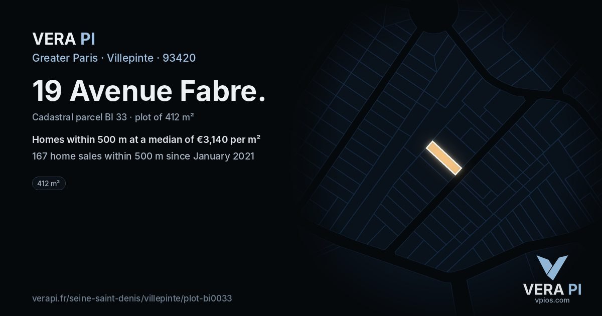 19 Avenue Fabre, Villepinte at night – the plot lit, the parcels around coloured by the prices near them