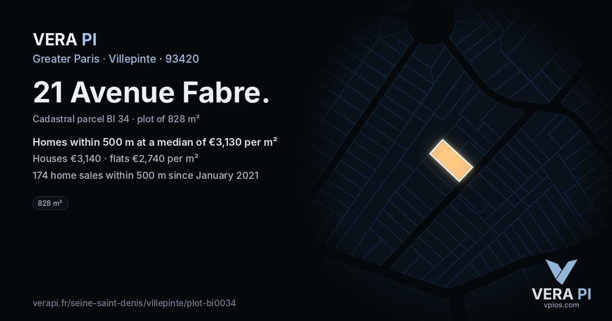 21 Avenue Fabre, Villepinte at night – the plot lit, the parcels around coloured by the prices near them