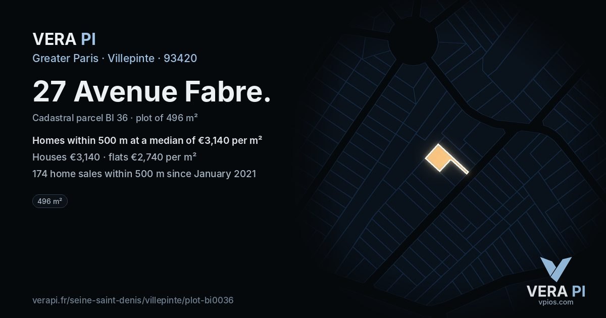 27 Avenue Fabre, Villepinte at night – the plot lit, the parcels around coloured by the prices near them