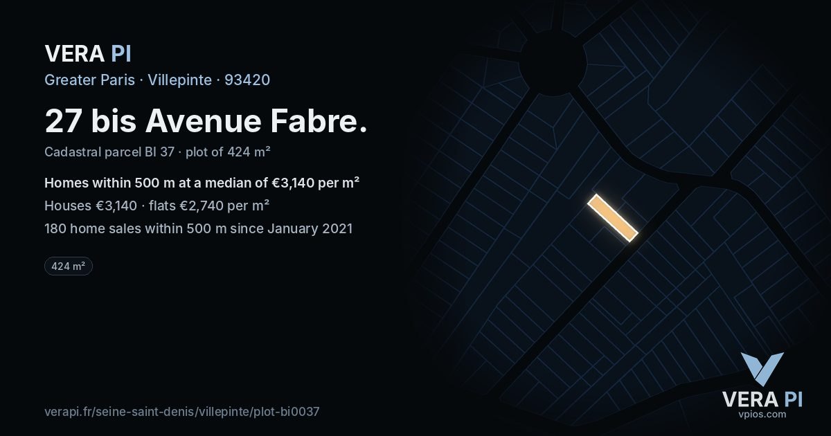 27 bis Avenue Fabre, Villepinte at night – the plot lit, the parcels around coloured by the prices near them