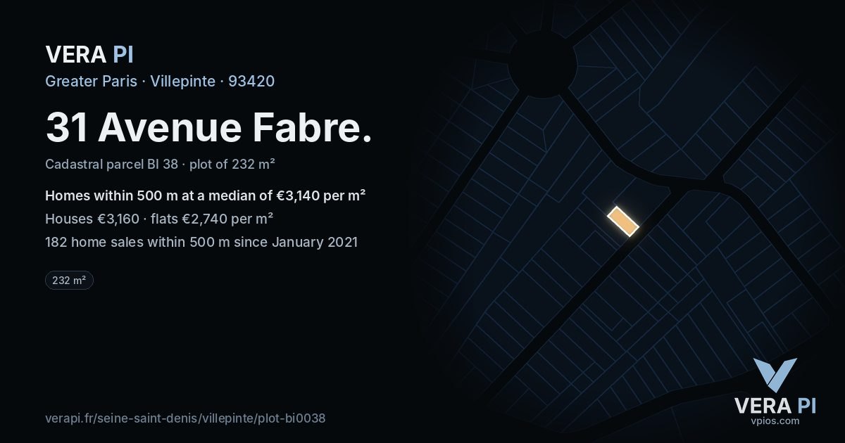 31 Avenue Fabre, Villepinte at night – the plot lit, the parcels around coloured by the prices near them
