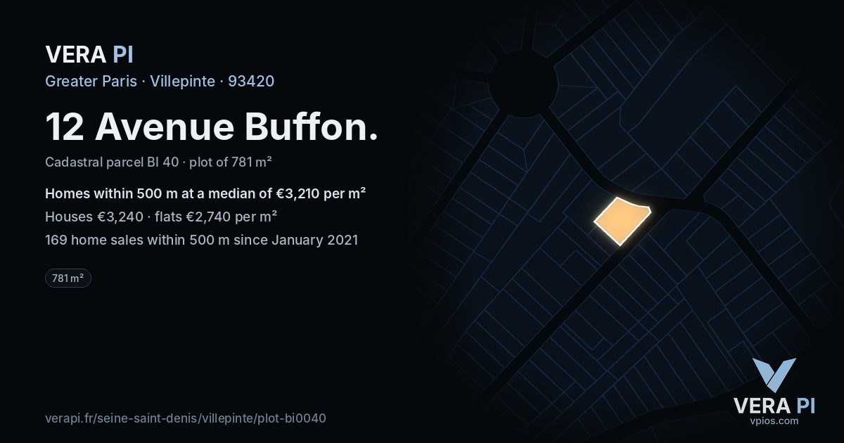 12 Avenue Buffon, Villepinte at night – the plot lit, the parcels around coloured by the prices near them