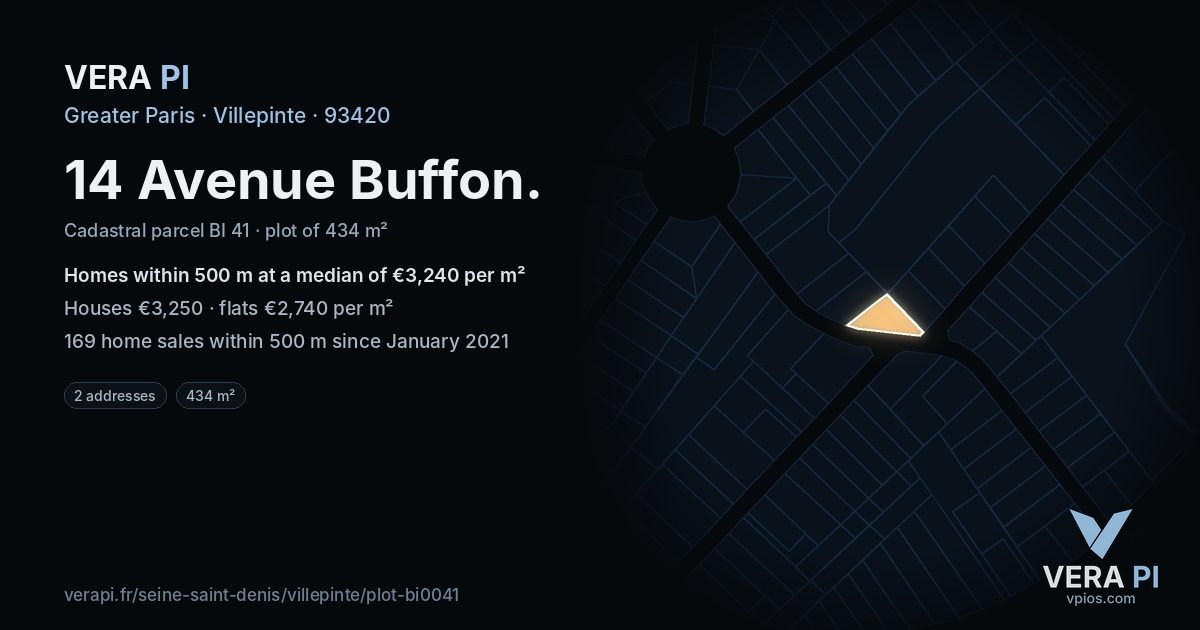 14 Avenue Buffon, Villepinte at night – the plot lit, the parcels around coloured by the prices near them