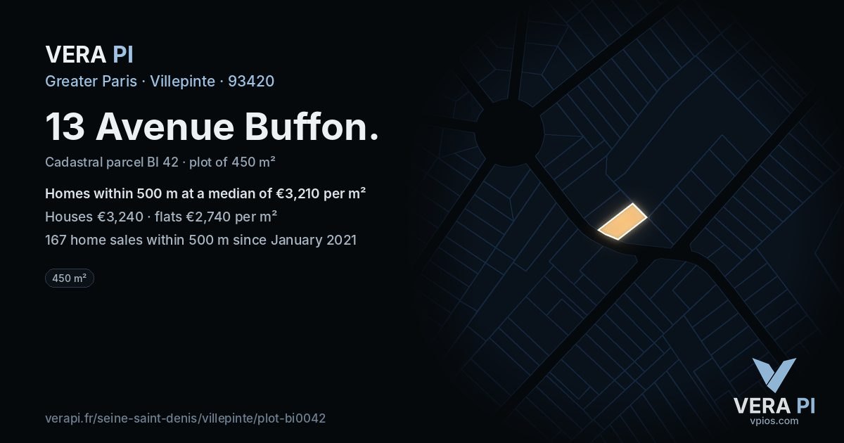 13 Avenue Buffon, Villepinte at night – the plot lit, the parcels around coloured by the prices near them