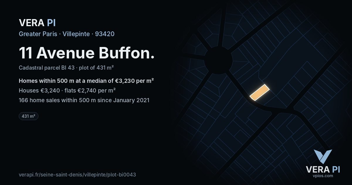 11 Avenue Buffon, Villepinte at night – the plot lit, the parcels around coloured by the prices near them